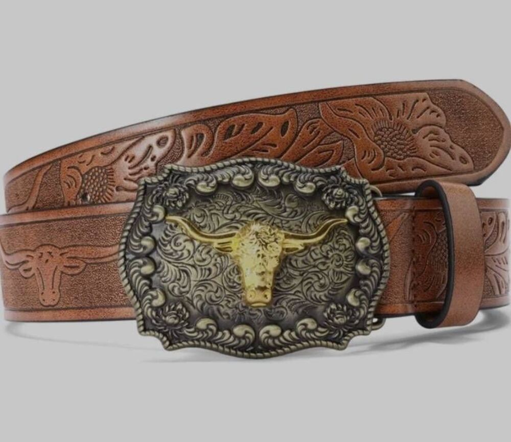 Longhorn Bull Buckle Belts with Floral Engraved Embossed Pattern 1.5" Wide belt.